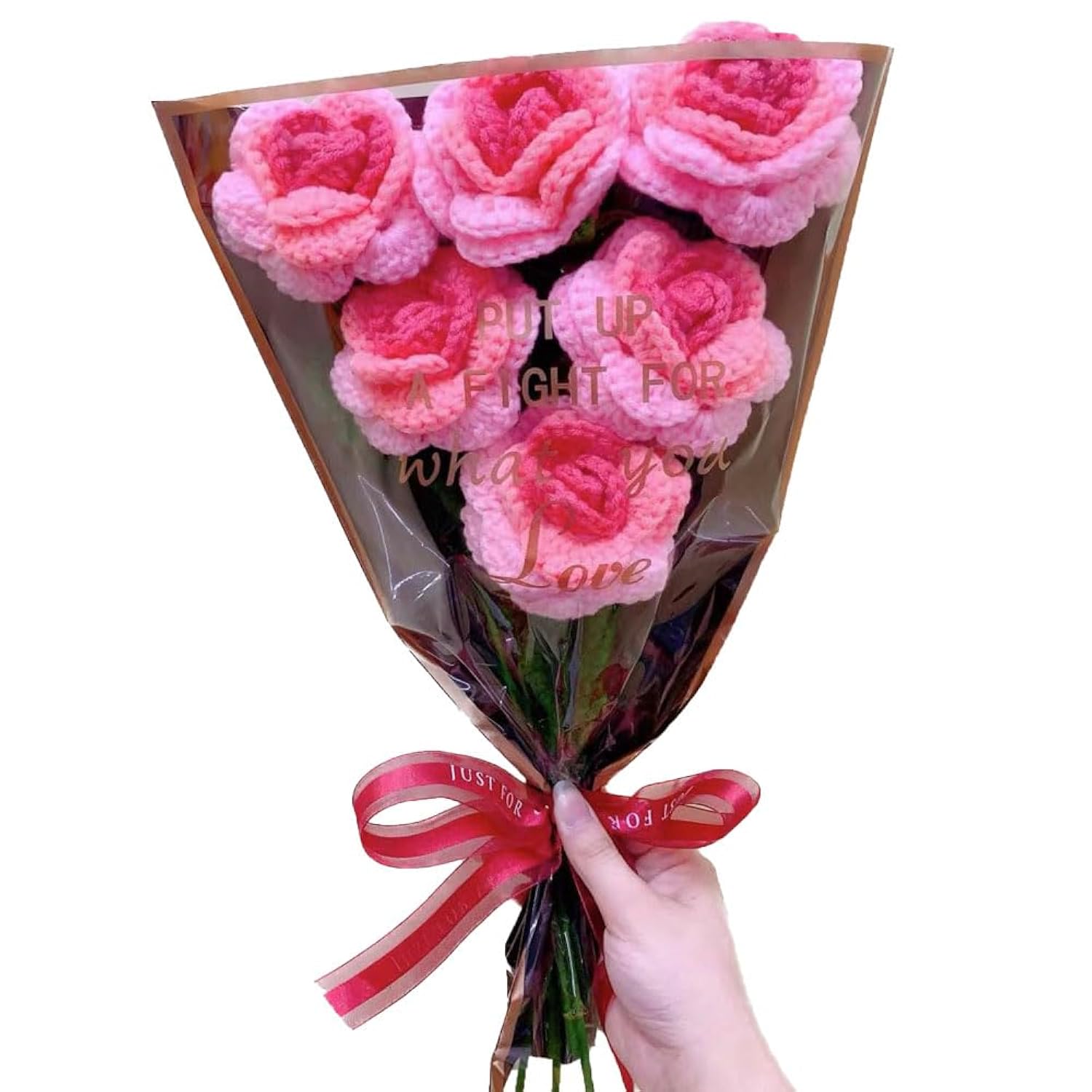 6 Pcs Hand Made Knitted Fake Rose Artificial Flowers For Decoration Crochet Flowers?Flower Bundle Fake Plants Wedding Centerpieces Decorations Mothers Day Mom Gifts For Mom (Gradient Pink)