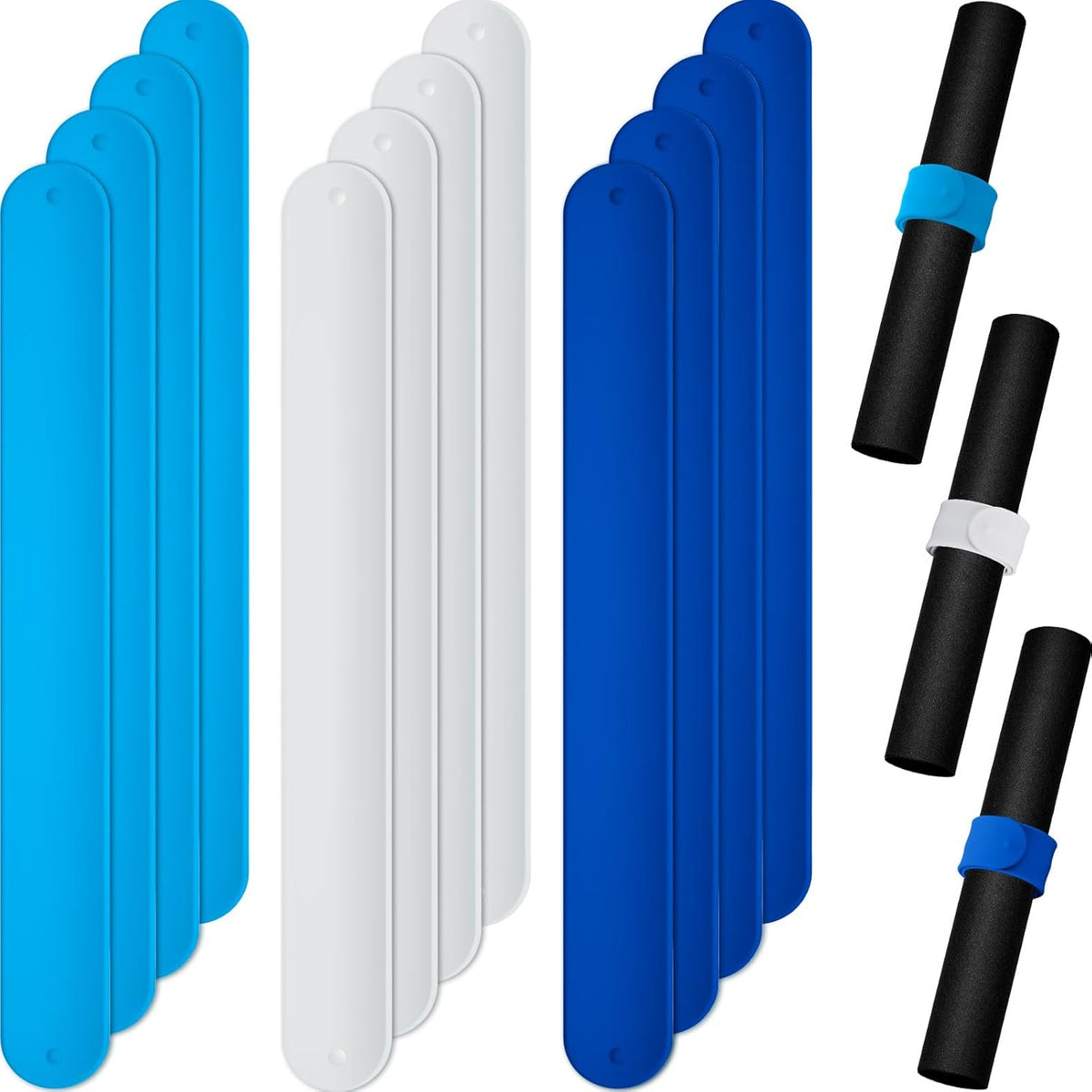 12 Pcs Wrapping Paper Roll Holder Clips Silicone Flip Wraps For Wrapping Paper Silicone Covered Metal Strips Bands For Christmas Holiday Storage Organization (Sky Blue, Dark Blue, White)