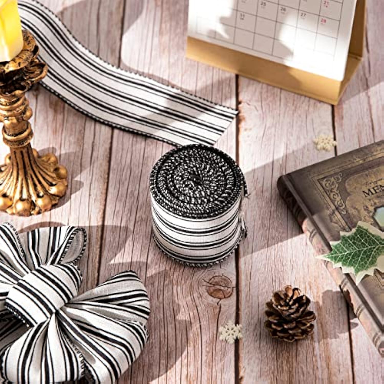 2 Rolls Farmhouse Wired Edge Ribbon White Black Striped Fabric Ribbon