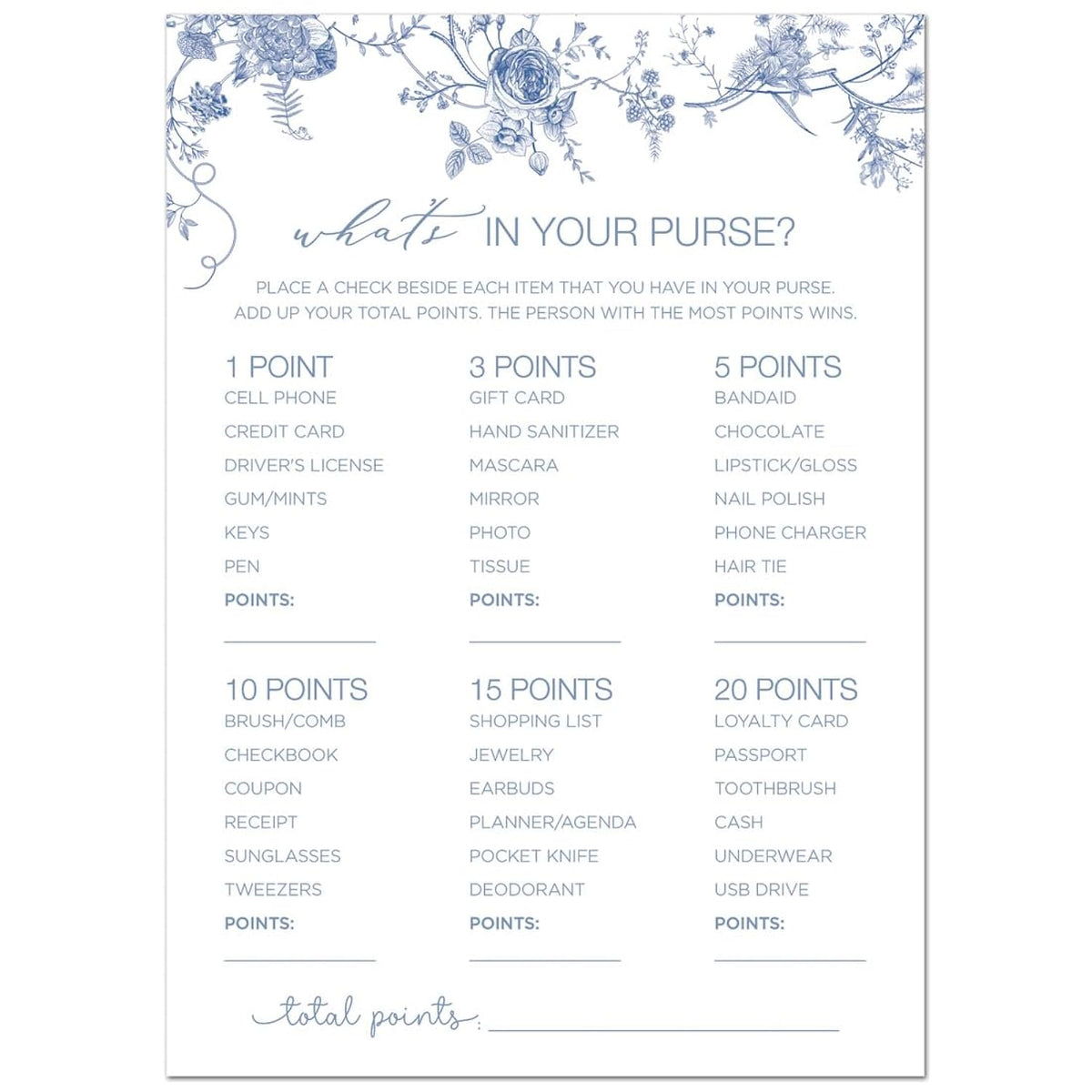 What'S In Your Purse Game, Blue Floral Design, Party Activity, Set Of 24