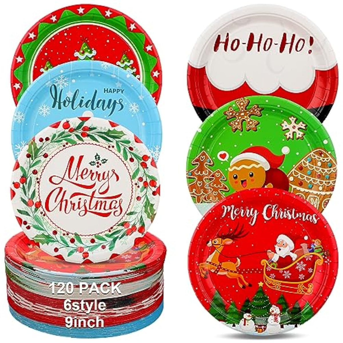 120 Pcs Christmas Plates Paper Dessert Disposable Plates Santa Snowman Christmas Wreath Reindeer Gingerbread Man Design, For Christmas Party Supplies Christmas Decorations, 6 Styles (9 Inch)