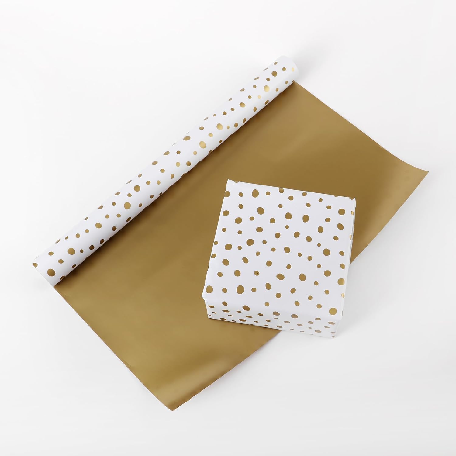 Gold Wrapping Paper, 17 Inch X 32.8 Feet, Double-Sided, Gold Print Polka Dots Gift Wrap Paper For Birthday, Christmas, Valentines, Mothers Day, Graduation, Wedding, Baby Shower