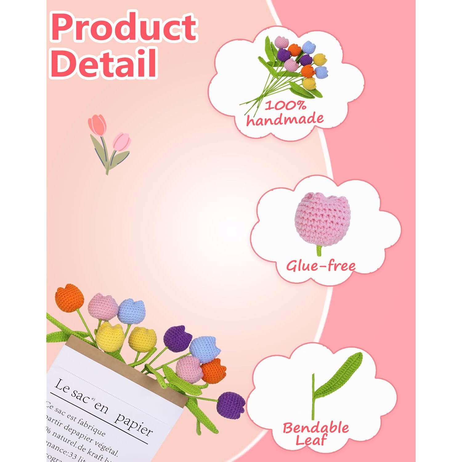 Handmade Crochet Flowers, 10 Pcs Crochet Tulip With 10 Pcs Single Packaging Bags, 2 Pcs Bouquet Sleeves, Gift Box, Preserved Flowers, Perfect For Mom, Teacher, Student, Coworkers, Colorful