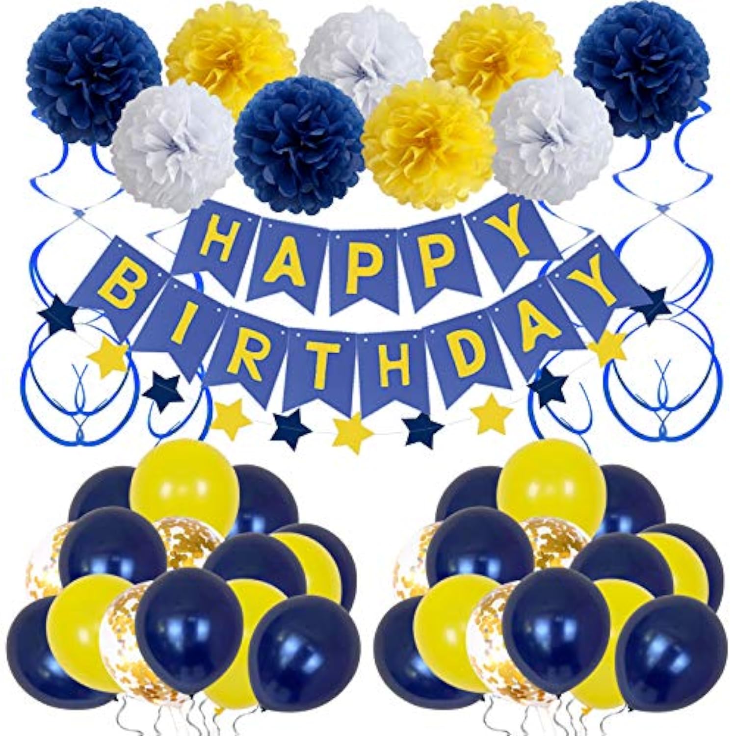 Birthday Decorations, Happy Birthday Party Supplies Bunting Banner For Men Women Navy Blue Yellow Confetti Latex Balloons Paper Pom Poms Hanging Swirls 13Th 16Th 18Th 21St 30Th 40Th