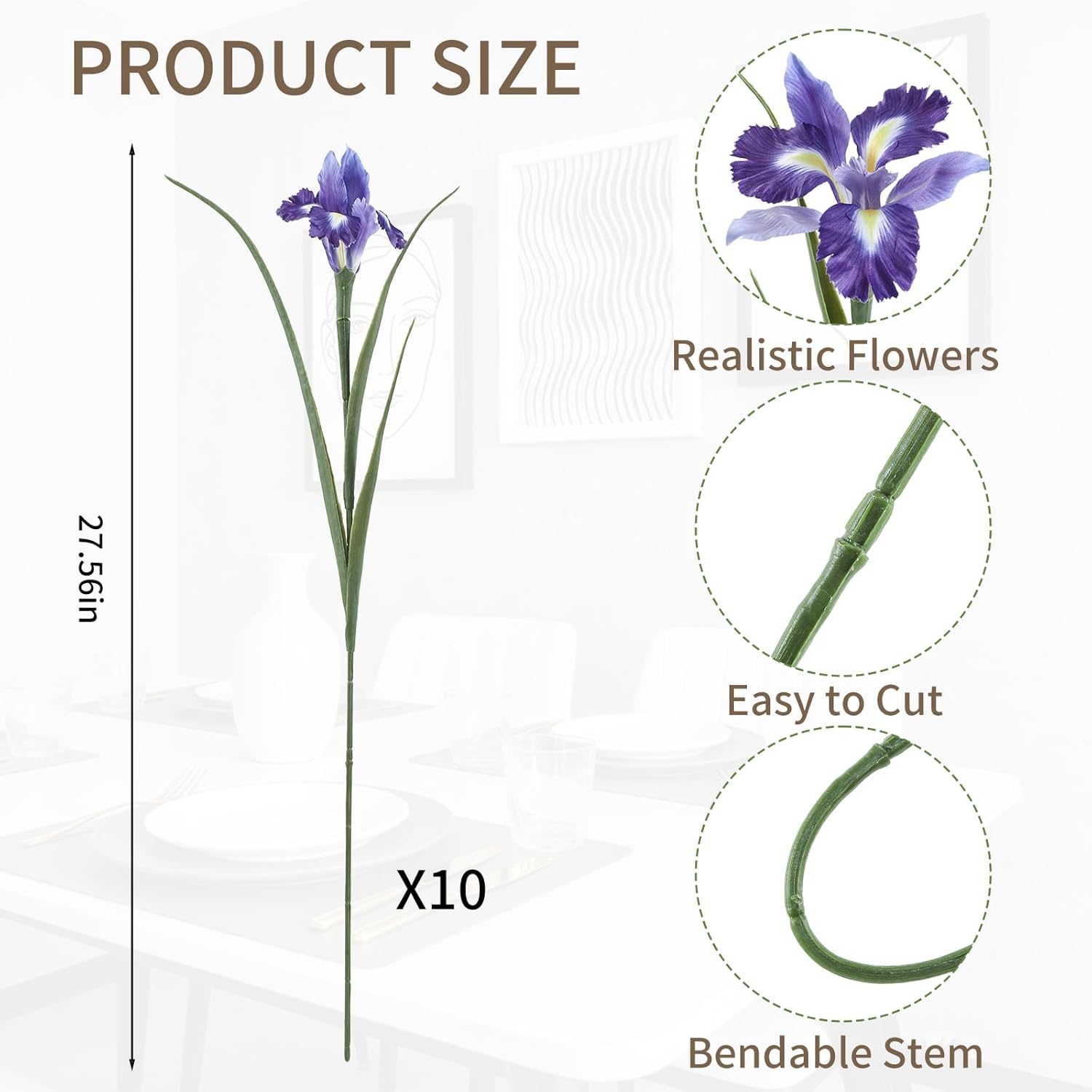 10Pcs Artificial Purple Iris Flowers With 27.5" Long Stems, Realistic Faux Iris Bouquet, Fake Flowers For Home Table Centerpiece, Outdoor Garden & Indoor Floral Arrangements (Purple)
