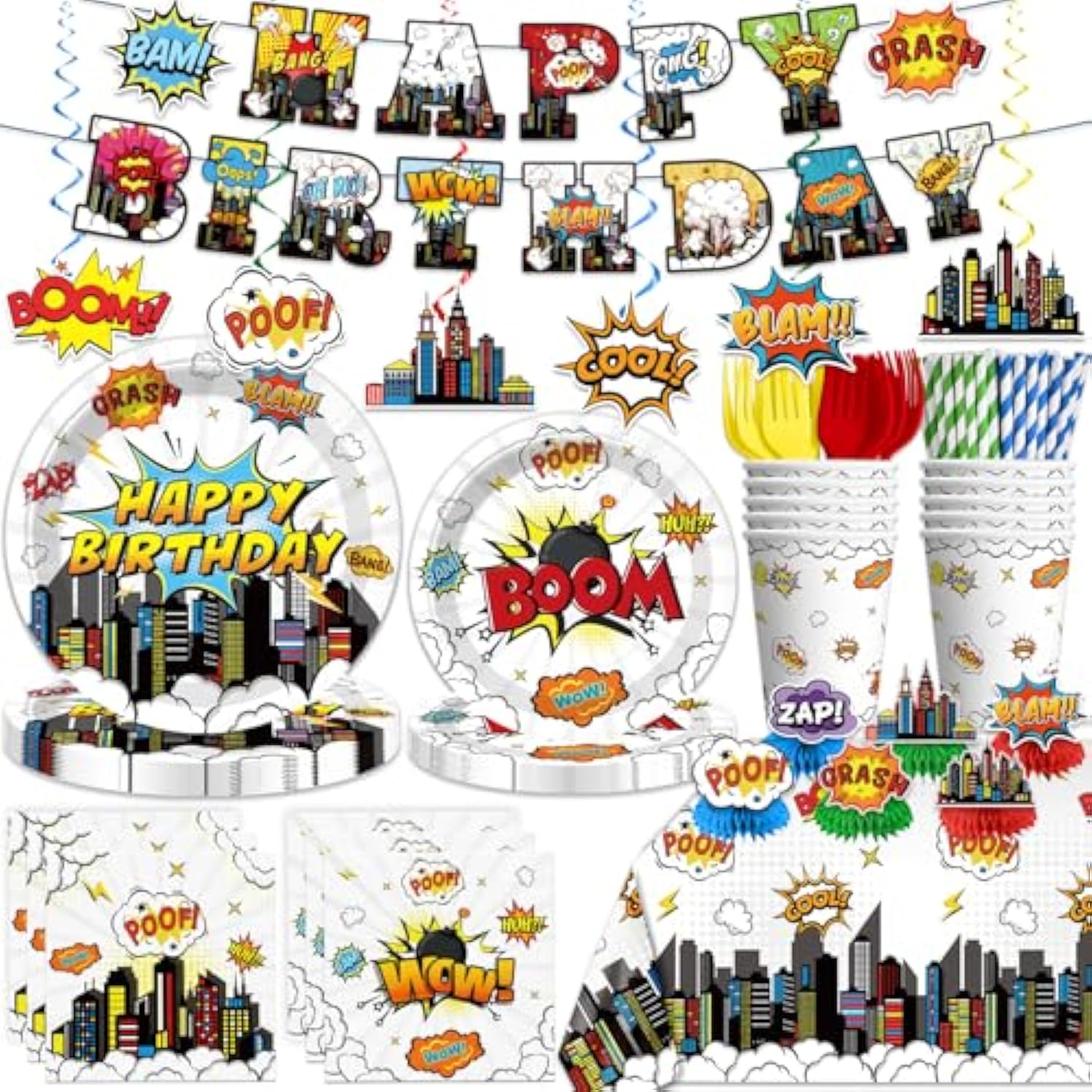 145Pcs Party Decorations, With 1 Banner 40 Thickened Plates 6 Centerpieces And 2 Tablecloths, 20-Pack Disposable Paper Tableware For Birthday Party