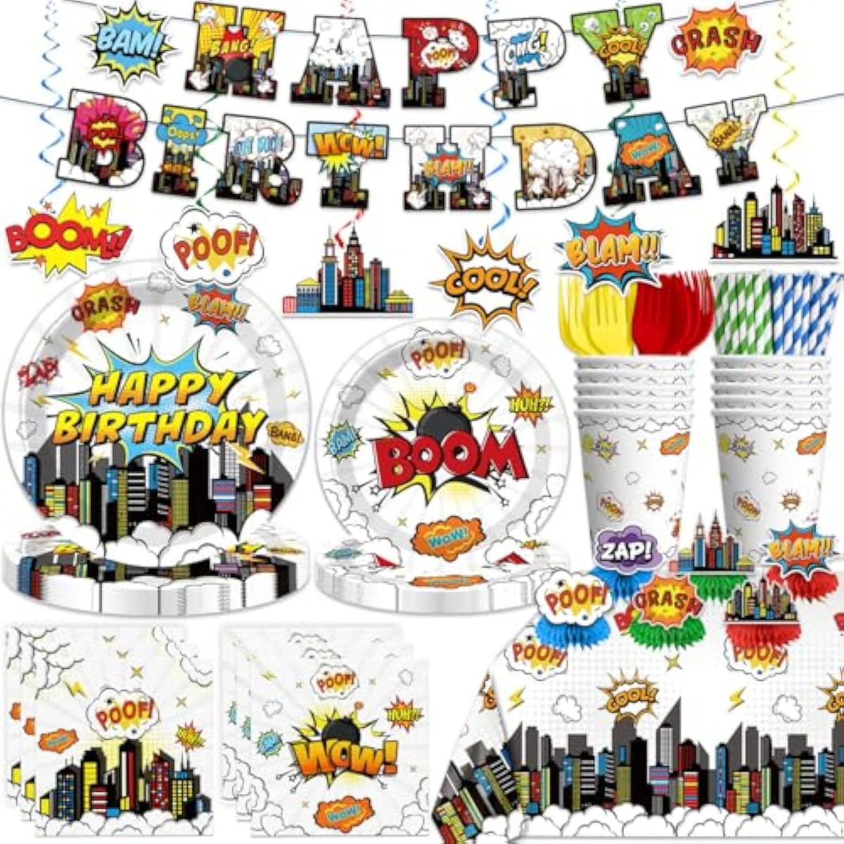 145Pcs Party Decorations, With 1 Banner 40 Thickened Plates 6 Centerpieces And 2 Tablecloths, 20-Pack Disposable Paper Tableware For Birthday Party