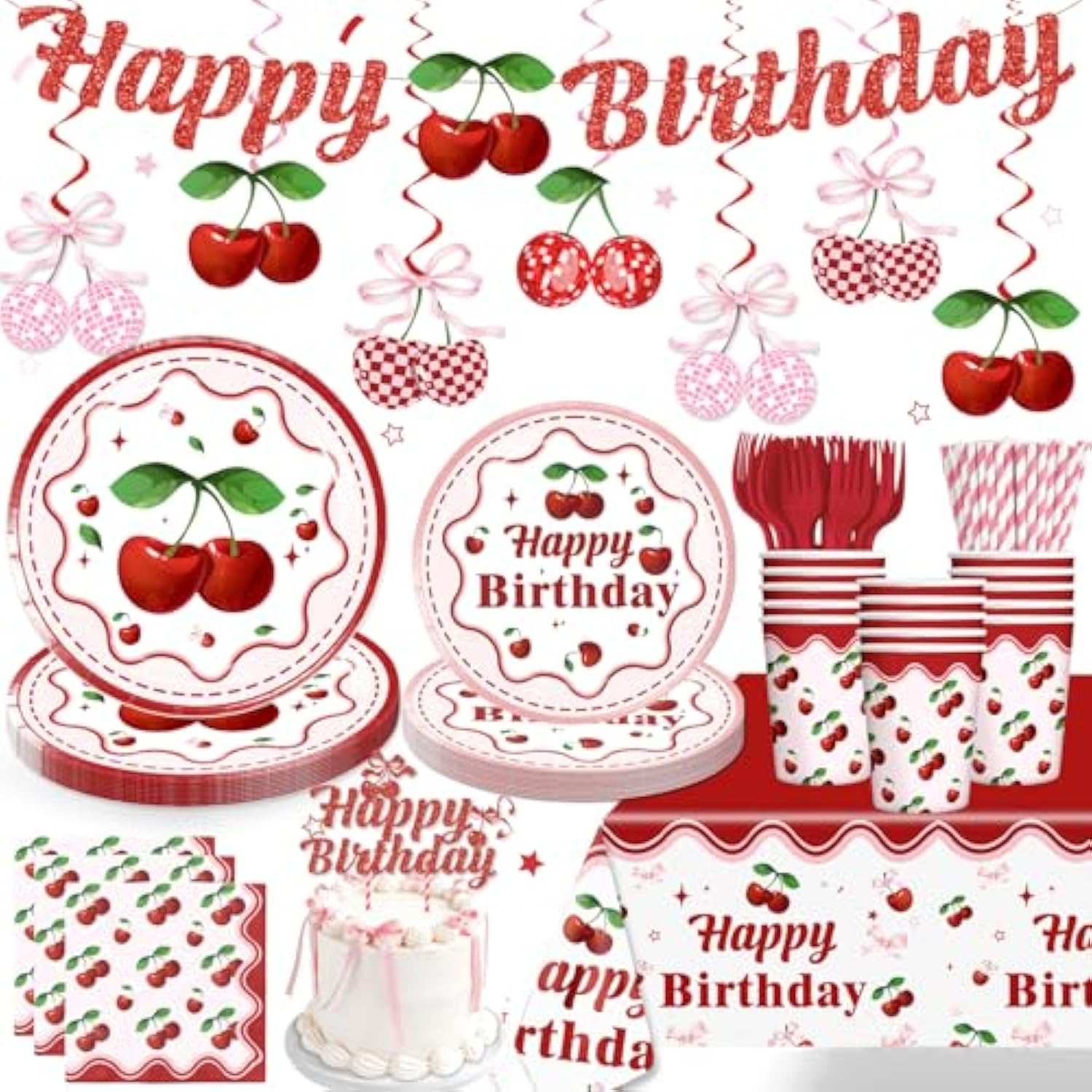 Cherry Birthday Decorations Tableware Set, 20 Serves Disposable Plates And Napkins Set, With Cake Topper, Banner, Tablecloth, For Cherry Party Decorations