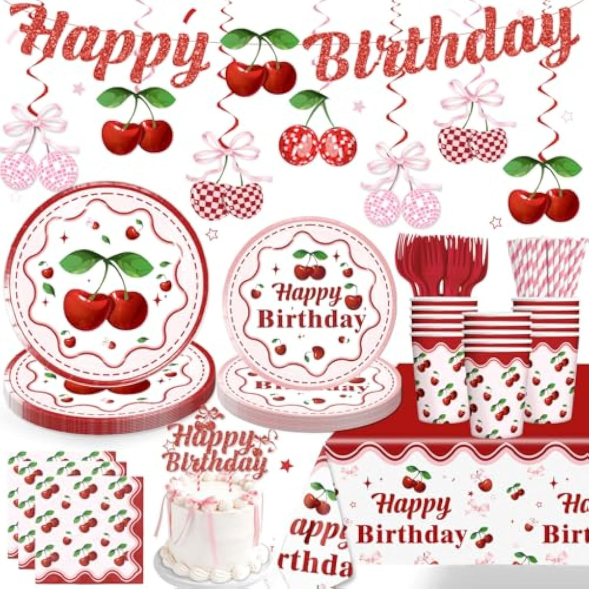 Cherry Birthday Decorations Tableware Set, 20 Serves Disposable Plates And Napkins Set, With Cake Topper, Banner, Tablecloth, For Cherry Party Decorations
