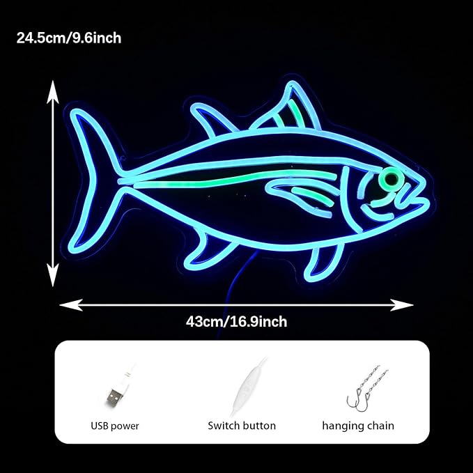 Tuna Neon Sign Blue Green Fish LED Wall Light Dimmable Ocean Decor for Bedroom Living Room Restaurant