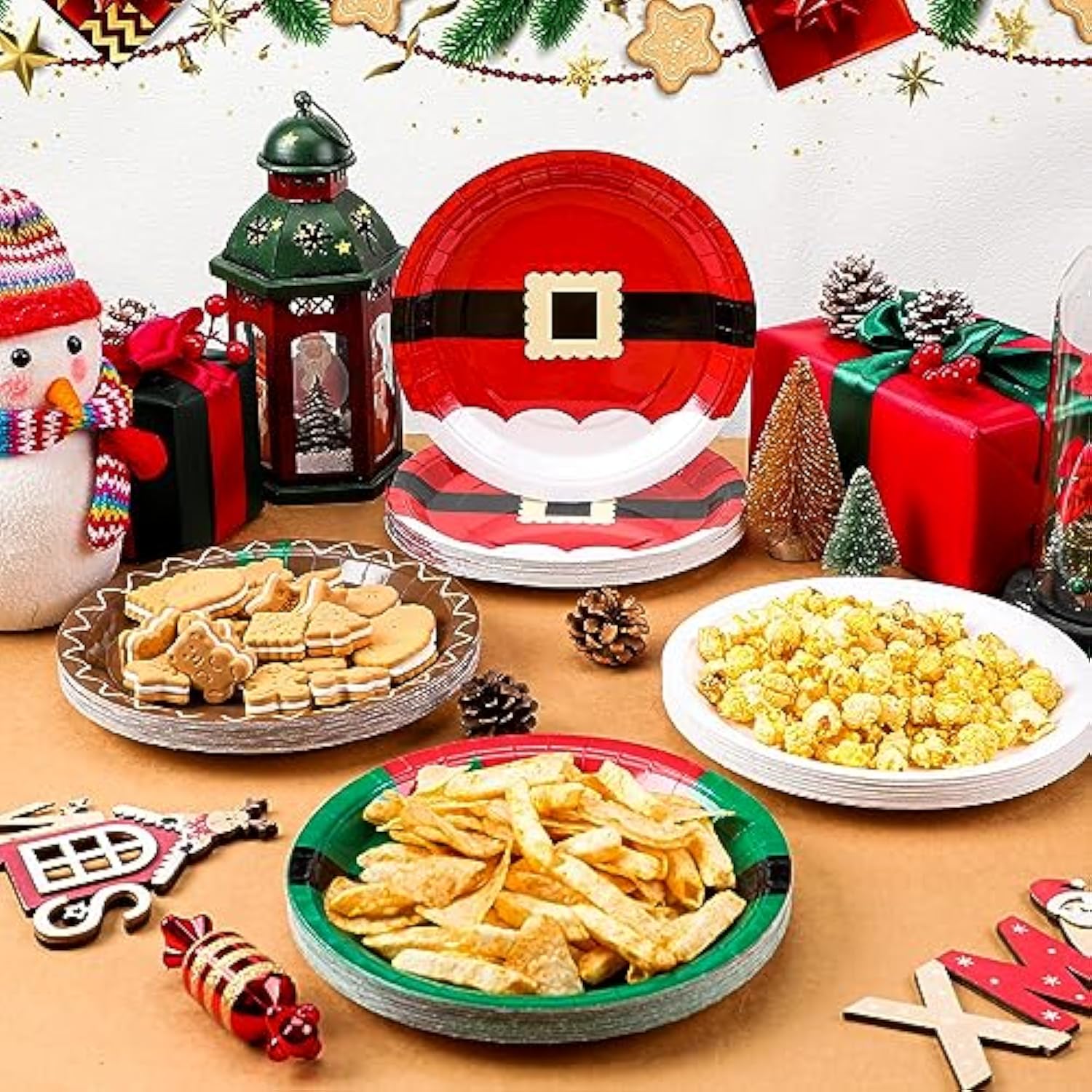 100 Pcs Christmas Paper Plates 9 Inch Disposable Santa Christmas Dinnerware Set Xmas Dinner Plates Table Decorations Holiday Party Supplies, Serve 100 Guests