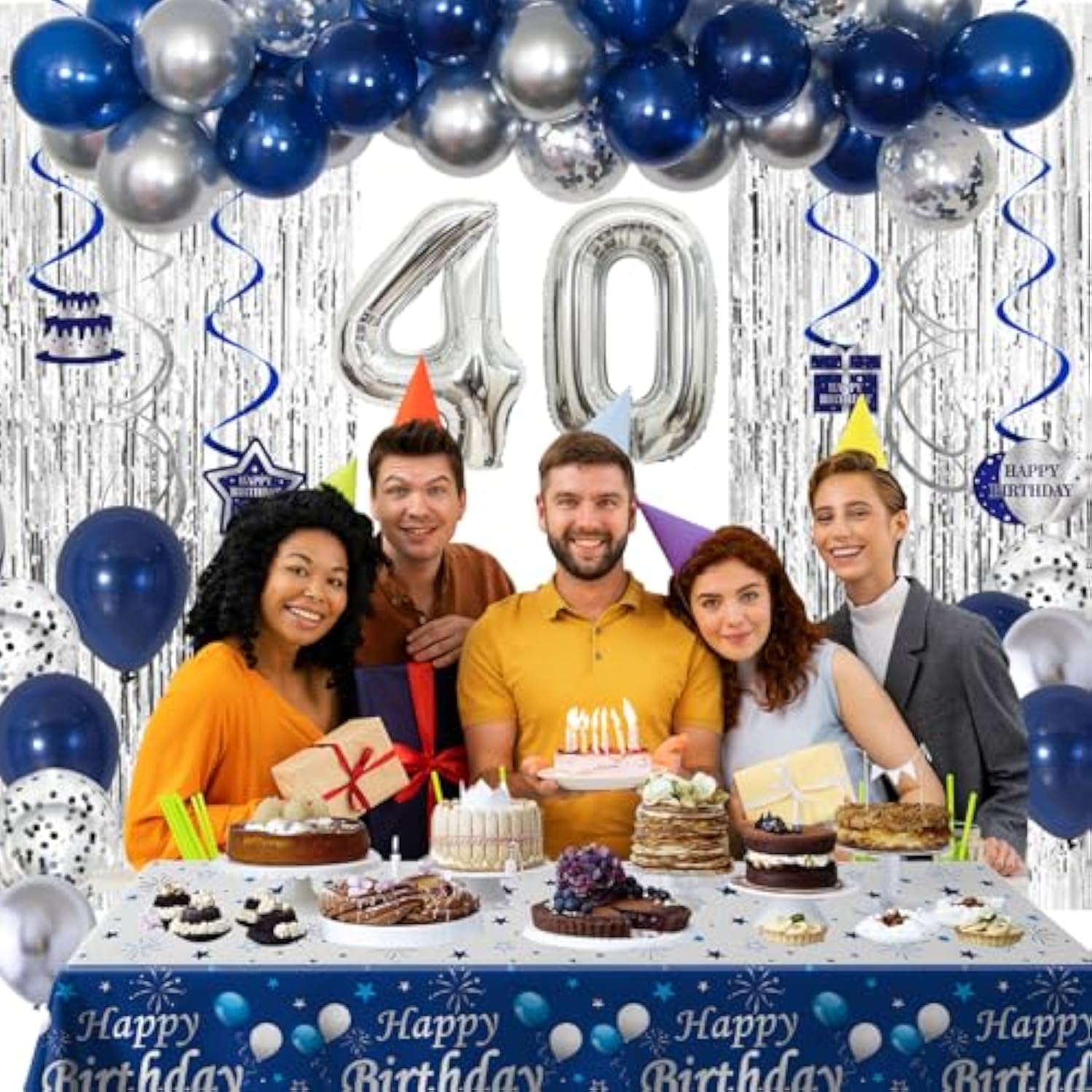 40Th Birthday Decorations For Men, Blue And Silver 40Th Birthday Party Decorations For Him, Happy Birthday Banner 40Th Birthday Balloons Tablecloth Fringe Curtains Hanging Swirls Bday Party Supplies