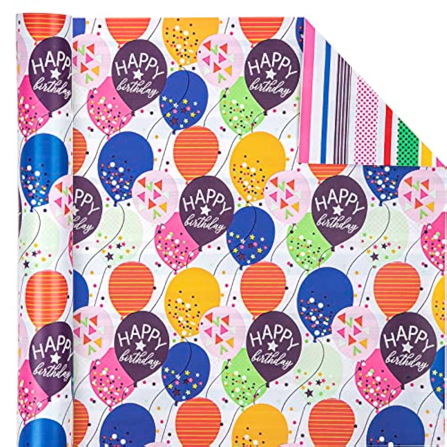 Reversible Birthday Wrapping Paper, 17"x33', Colorful Balloon & Confetti Design