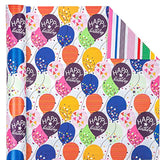 Reversible Birthday Wrapping Paper, 17"x33', Colorful Balloon & Confetti Design