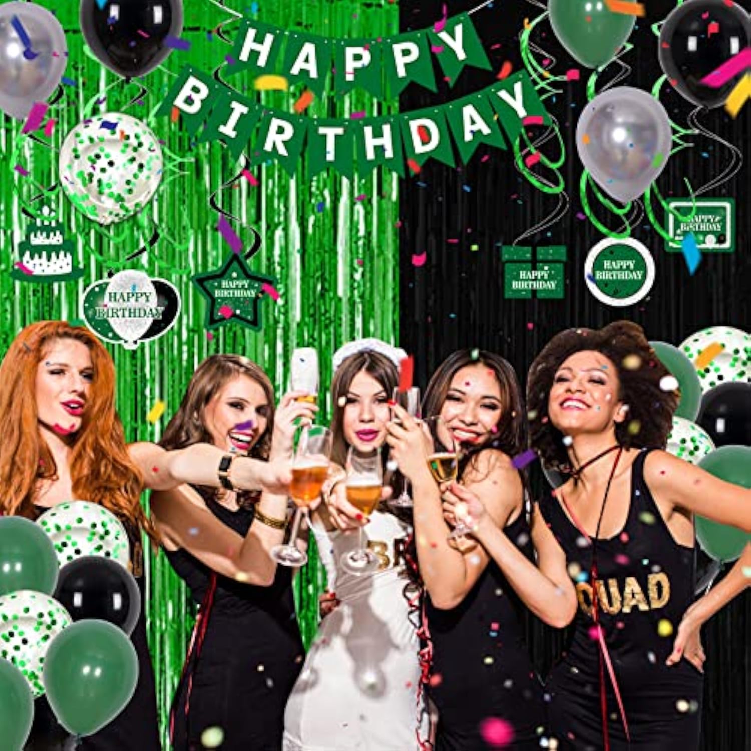 Green And Black Party Decorations For Men Women Boys Girls - Birthday Supplies With Happy Birthday Banner, Tablecloth, Fringe Curtains, Streamers, Confetti, Balloons