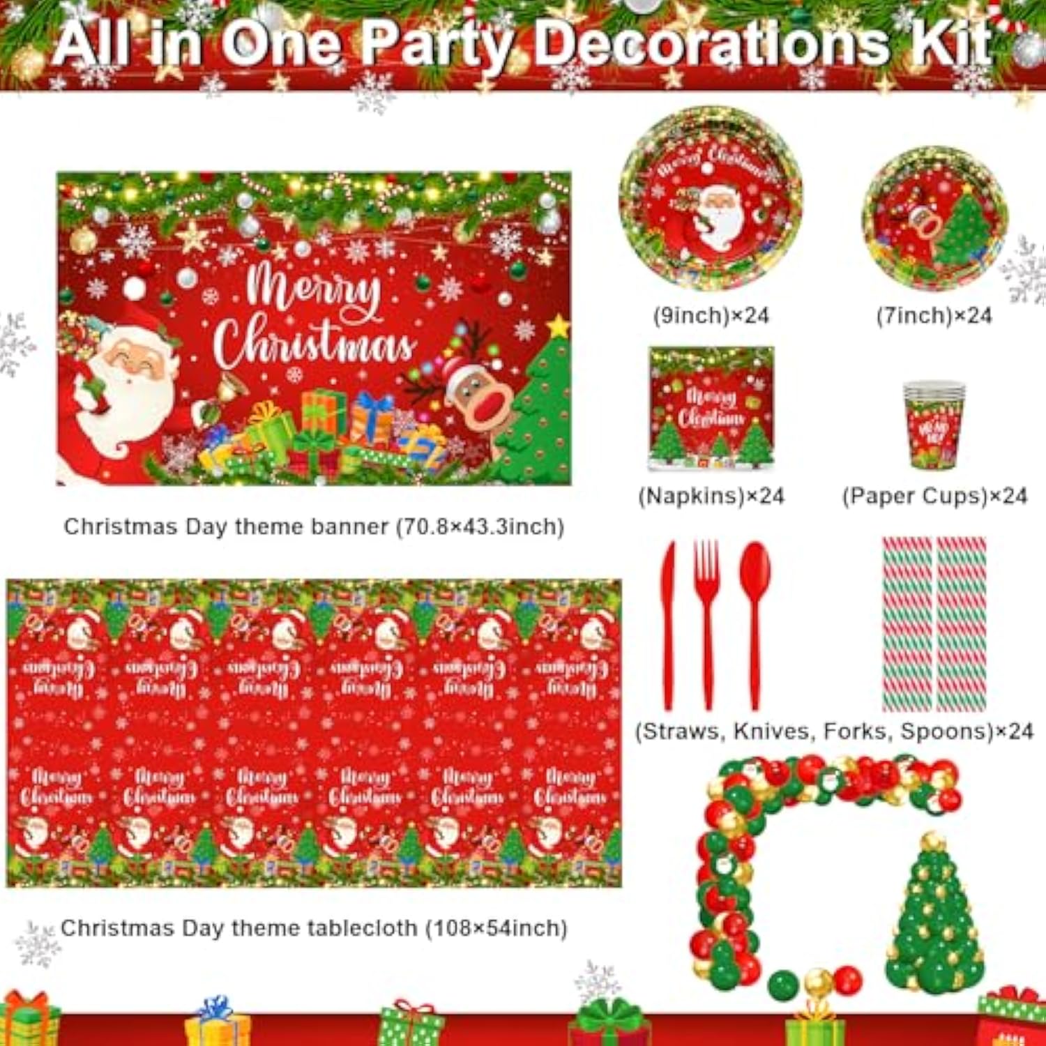 Christmas Party Decorations 345 Pcs Santa Tableware Paper Plates Napkins Serve 24 Merry Christmas Backdrop Tablecloth Balloons Arch Friendsmas Holiday Xmas Party Supplies