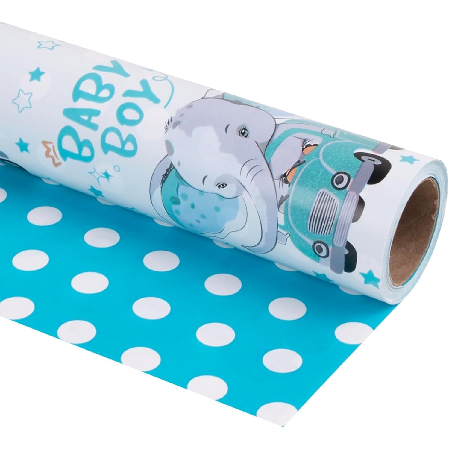 Reversible Baby Boy Wrapping Paper For Kids Boys - 17 Inch X 16.5 Feet - Blue Elephant Truck & Polka Dot - Cute Animals Patterns For Birthday Baby Shower New Baby Party Decoration
