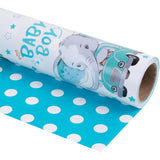 Reversible Baby Boy Wrapping Paper For Kids Boys - 17 Inch X 16.5 Feet - Blue Elephant Truck & Polka Dot - Cute Animals Patterns For Birthday Baby Shower New Baby Party Decoration