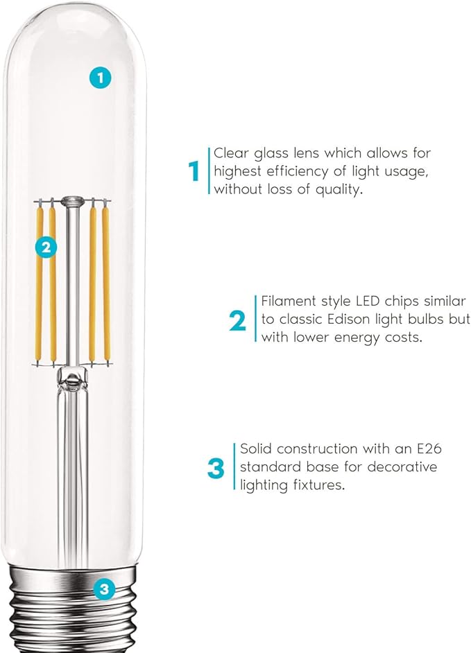 6 Pack Vintage T9 LED Tube Light Bulbs E26 3000K Soft White Dimmable Edison Filament Clear Glass