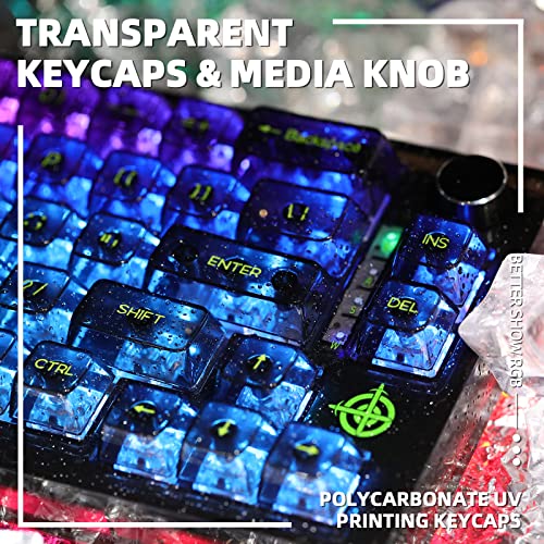 65% Hot-Swap Wired Mechanical Gaming Keyboard Programmable With Transparent 66 Key Full Side Rgb Owerty Linear Ice White Switch Custom Coiled C To A Cable Media Knob 2-In-1 Case For Win/Pc/Mac(Black)