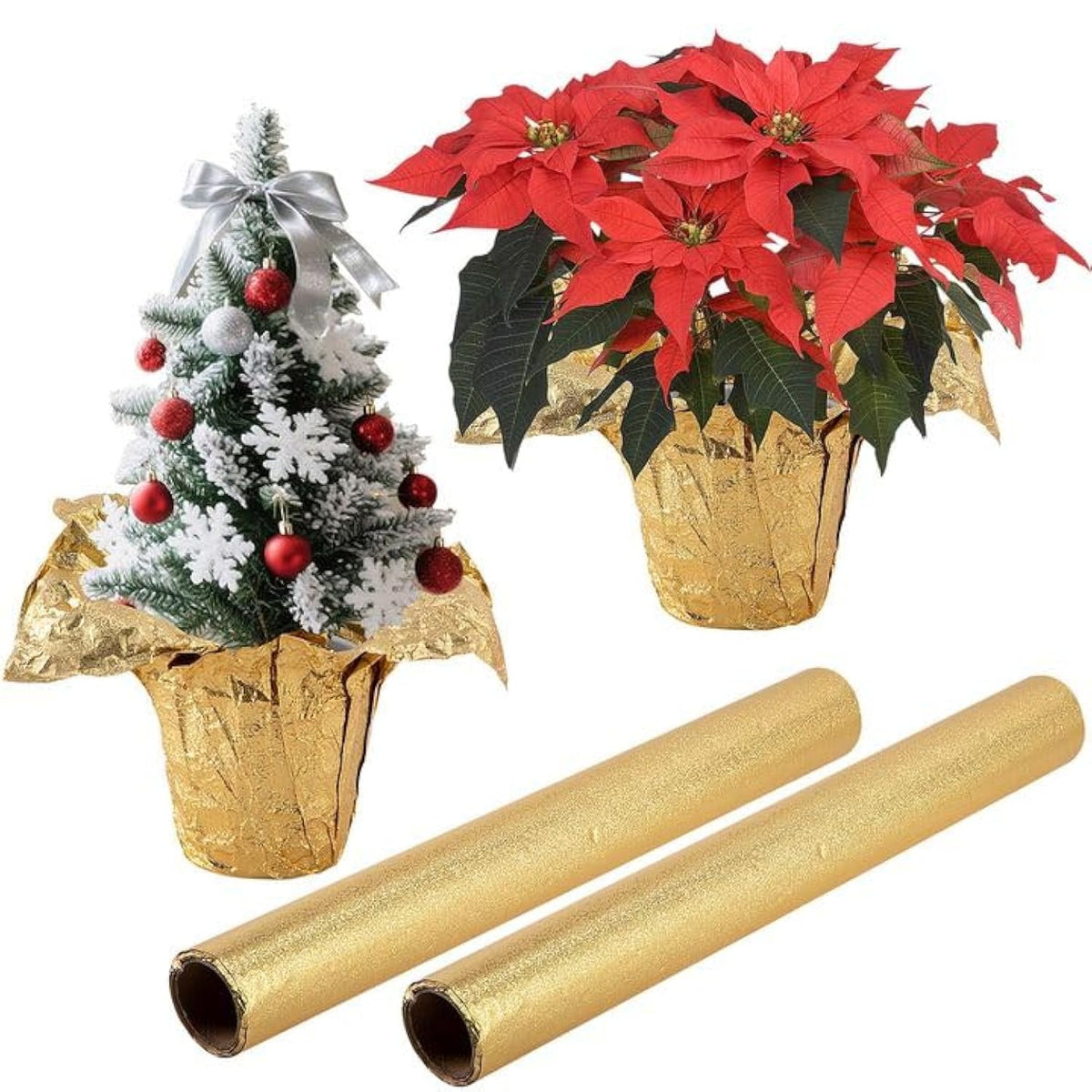 2 Roll 10 Yard Floral Foil Plant Pot Covers,Matte Texture Christmas Plant Pot Foil,Golden Floral Pot Wrapping Paper For Christmas Home Flower Pot Diy Decor