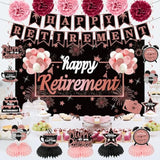 20Pcs Happy Retirement Party Decorations Kit For Women, Rose Gold Retirement Backdrop Balloons Honeycomb Centerpiece Swirl Paper Pompoms Party Supplies, Retired Sash Table Topper Swirls Set