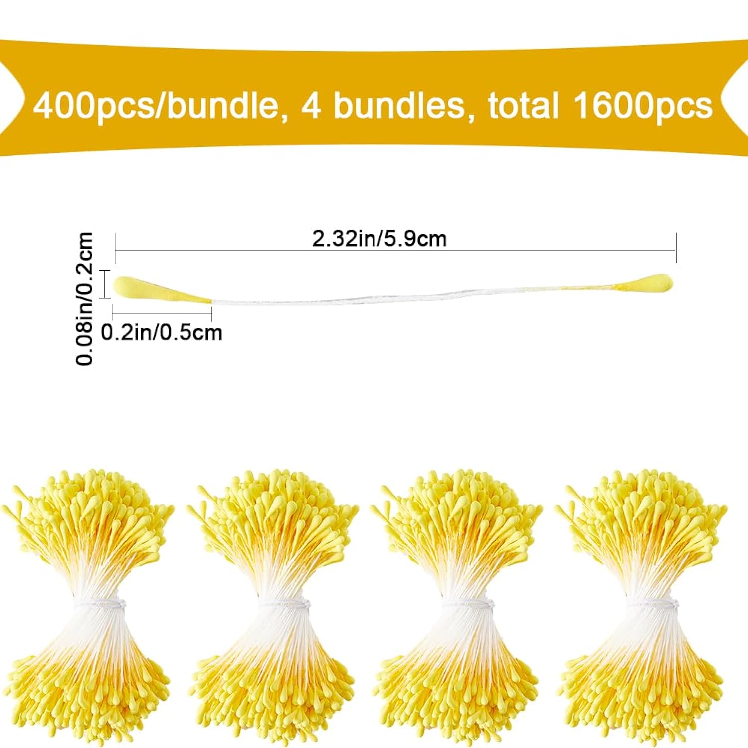 1600Pcs 2Mm Yellow Pearl Double Heads Handmade Flower Stamen Flower Stamens Pistil Artificial Pearlized Floral Pollens Stamen For Christmas Wedding Flower Making Scrapbook Decoration