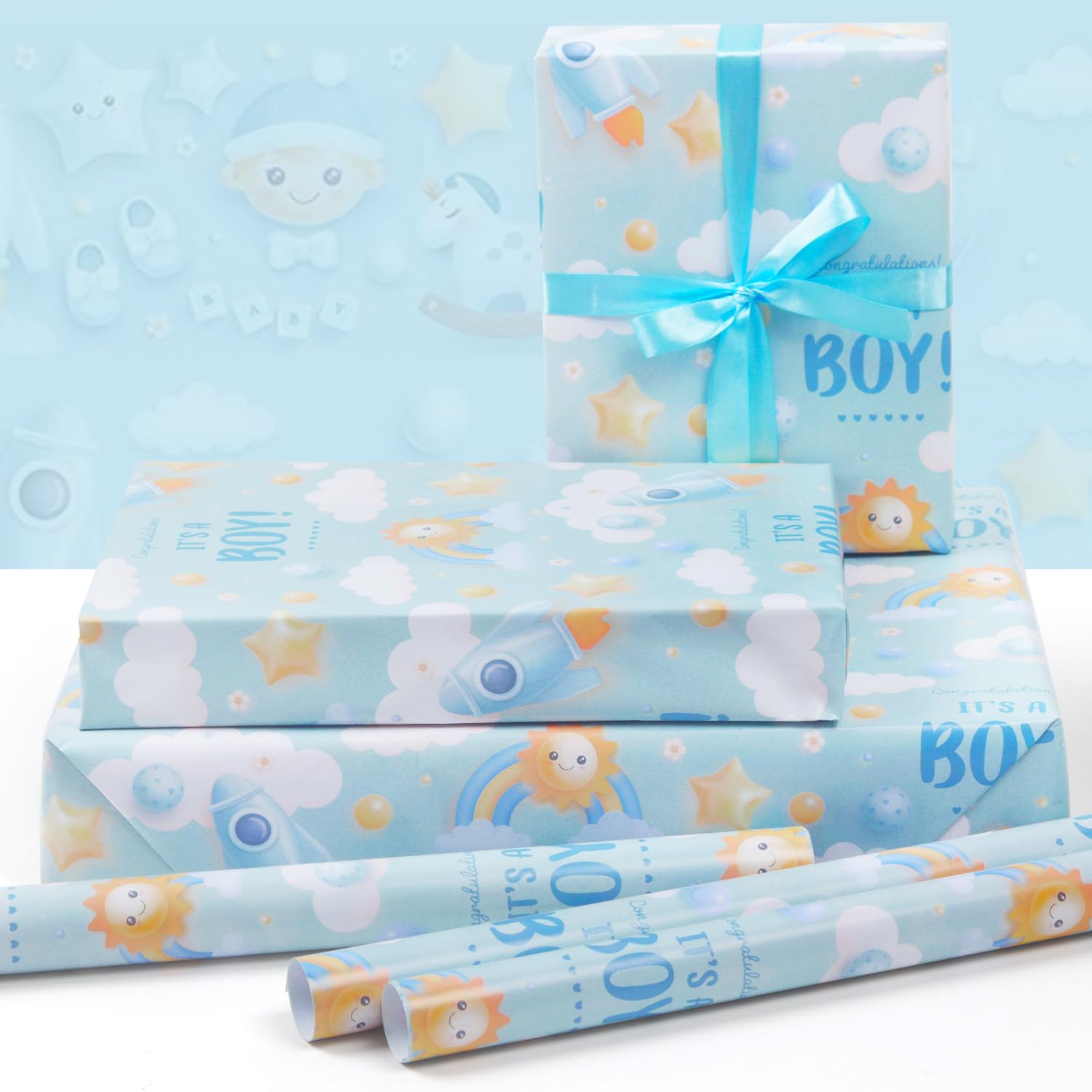 It'S A Boy Wrapping Paper For Newborn Baby Boy Kids, Light Blue Gift Wrap Paper,6 Sheets Folded Flat 20X28 Inches Per Sheet With Ribbon For Baby Shower Birthday Celebration Gift Wrap