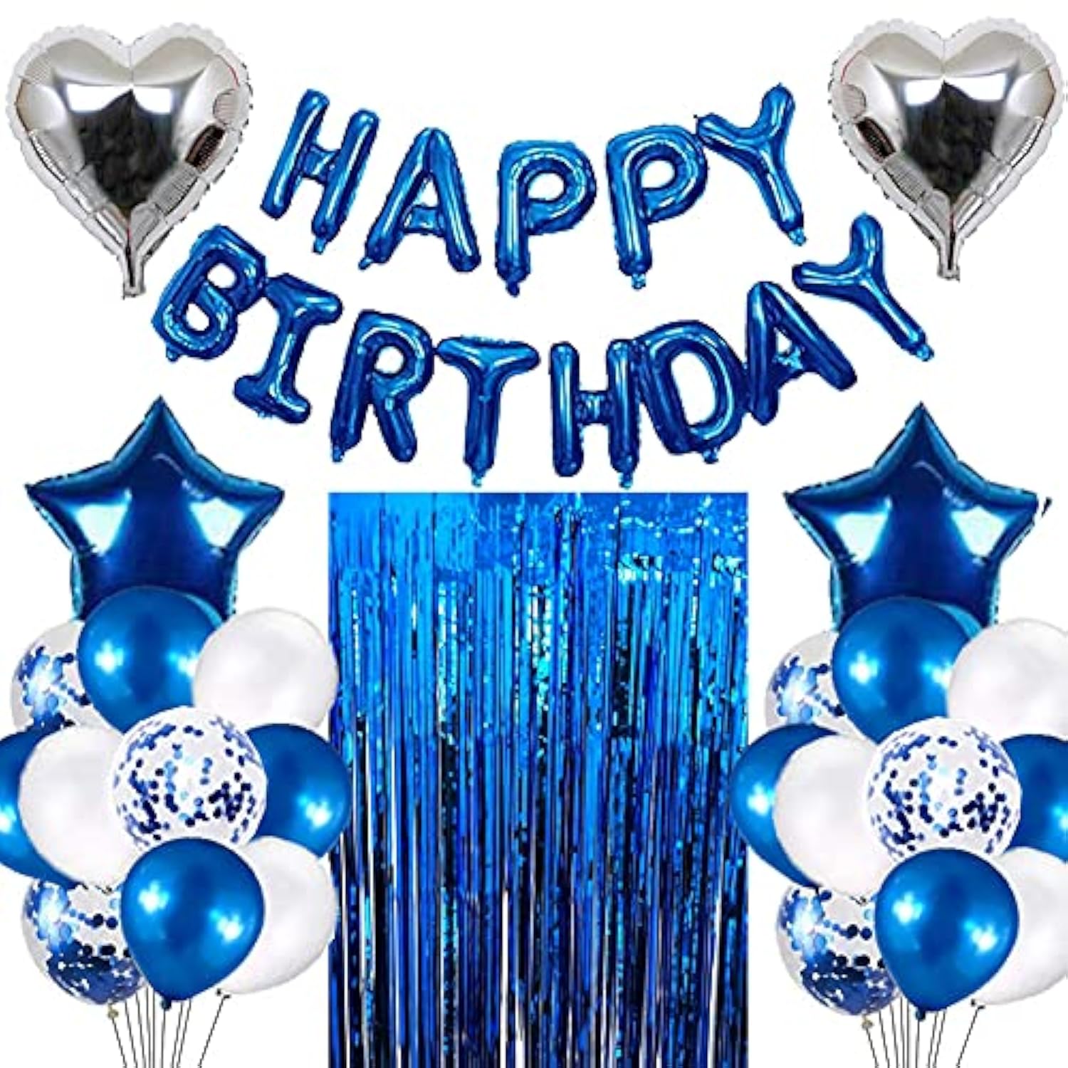 Blue Birthday Party Decorations Set With 38Pcs Balloons, Confetti, Foil Balloons, Fringe Curtains For Unisex Blue Themed Events