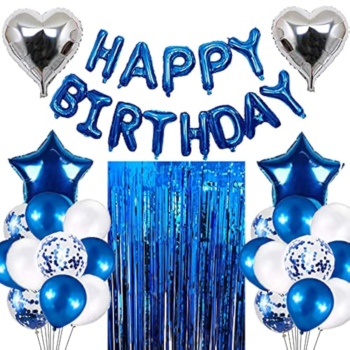 Blue Birthday Party Decorations Set With 38Pcs Balloons, Confetti, Foil Balloons, Fringe Curtains For Unisex Blue Themed Events