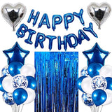 Blue Birthday Party Decorations Set With 38Pcs Balloons, Confetti, Foil Balloons, Fringe Curtains For Unisex Blue Themed Events
