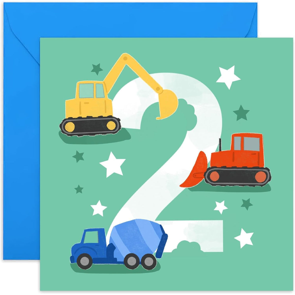 Old English Co. First Birthday Card For Boy Or Girl - Happy 2Nd Birthday Card For Two Year Old - Digger, Tractor, Construction Vehicle Theme - Age 2 - Grandson, Son, Daughter | Blank Inside Envelope…