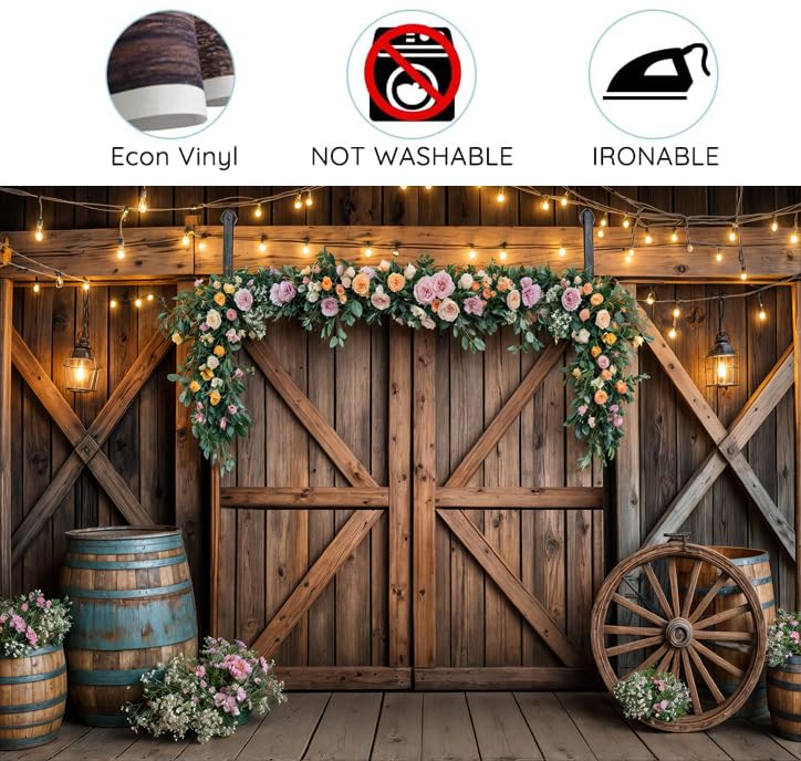 10x8ft Country Wedding Photography Backdrop Rustic Barn Door Photography Backdrop Farmhouse Pink Flower Cabin Wooden Birthday Baby Shower Wedding Bridal Party Banner Photo Booth Props Background