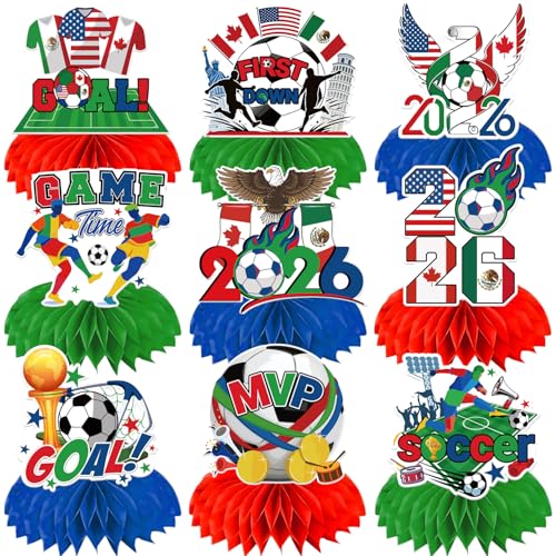 9PCS 2026 World Soccer Decorations Red Green and Blue Theme Honeycomb Centerpieces Double Sided, Soccer Themed Table Decor Supplies for Football Sports Competition Party Decorations