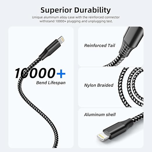 3 Pack Apple MFi Certified Lightning Charging Cable 10FT Nylon Braided Fast Charger for iPhone 14 13 12 11 iPad