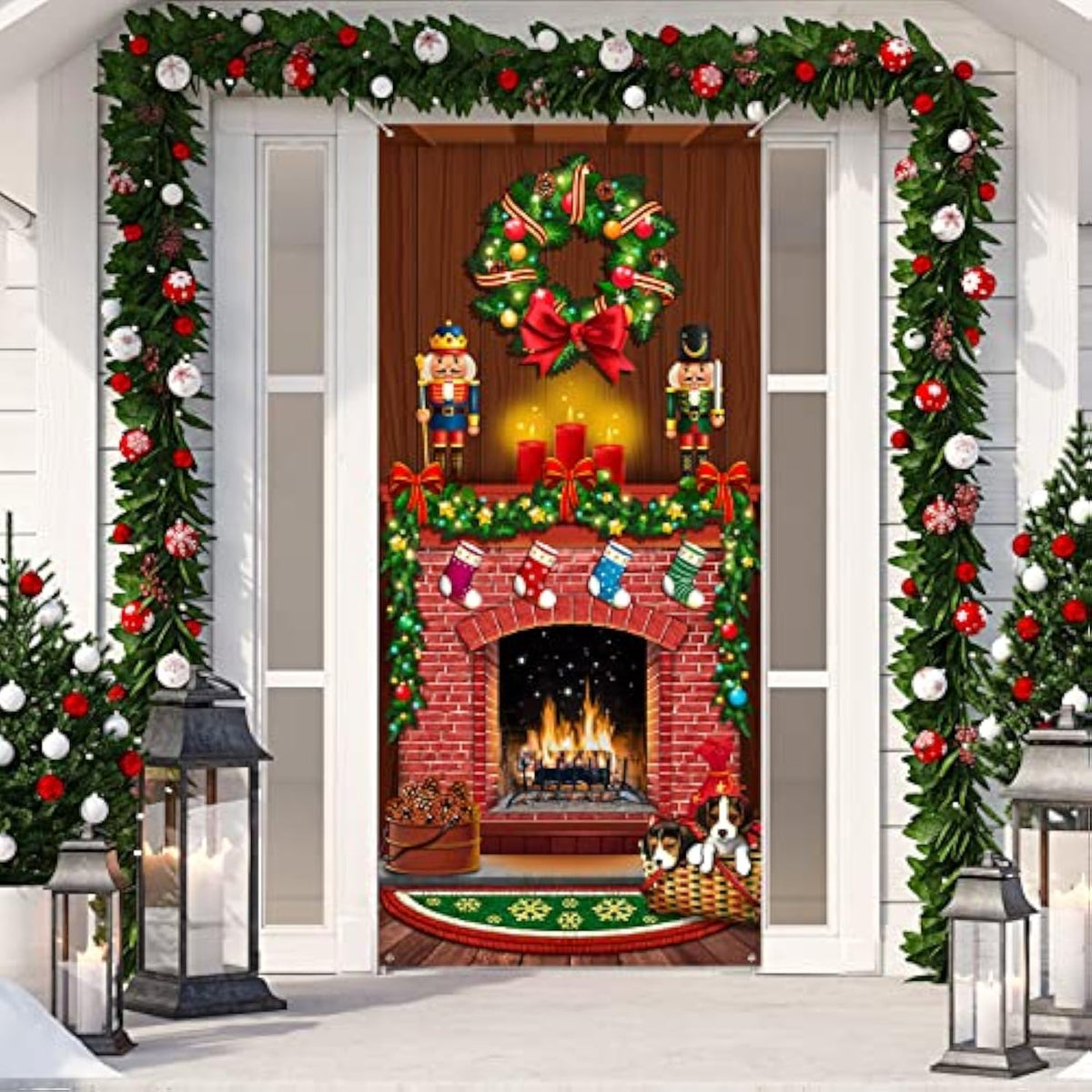 Merry Christmas Door Cover Christmas Fireplace Door Cover Backdrops Xmas Tree Printed Banner Background Xmas Nutcracker Porch Hanging Decorations, 6.5 X 3 Feet