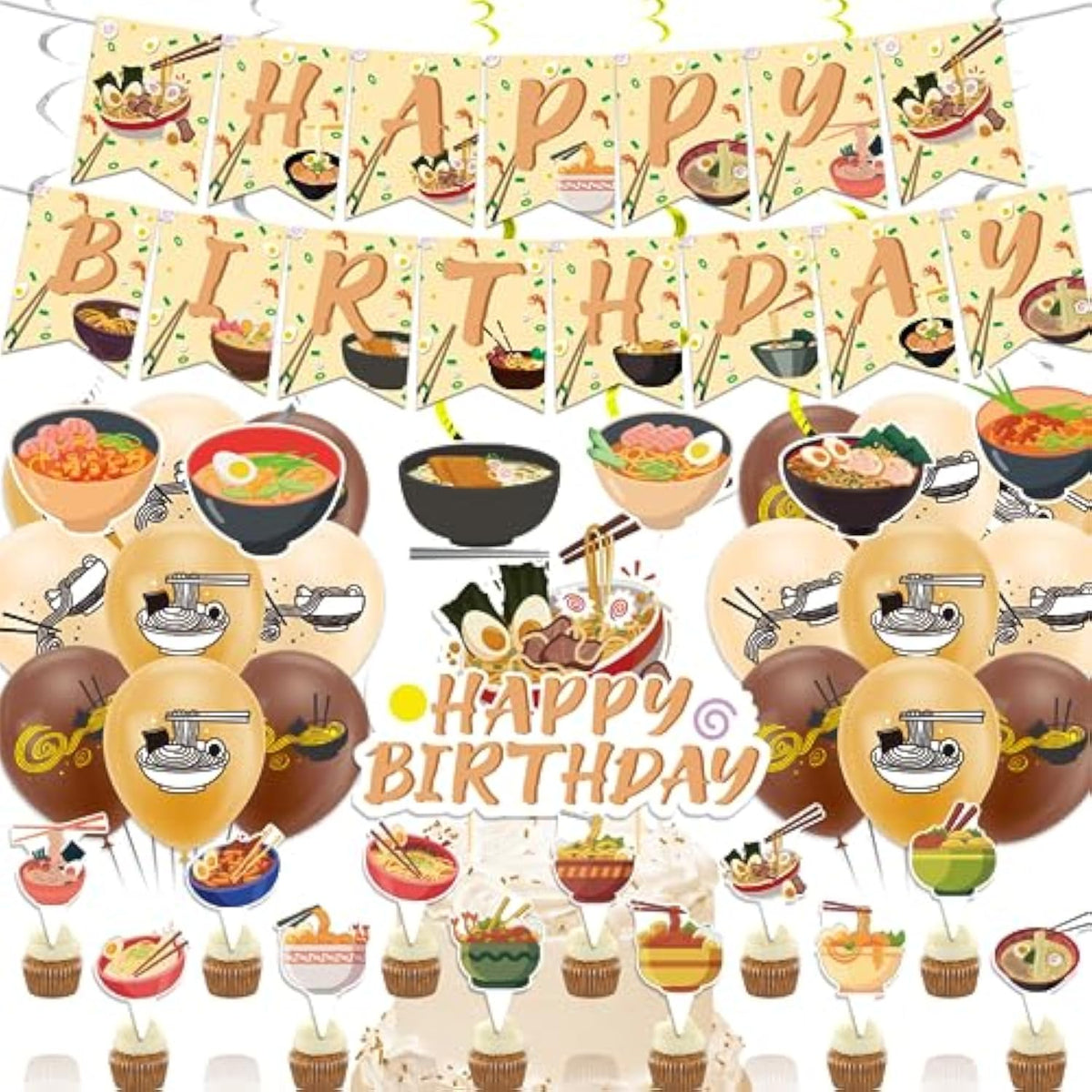 Ramen Party Decorations Japanese Noodles Birthday Decorations Includes Ramen Happy Birthday Banner Cupcake Toppers Cake Topper Spirals Balloons For Ramen Noodles Birthday Party Supplies