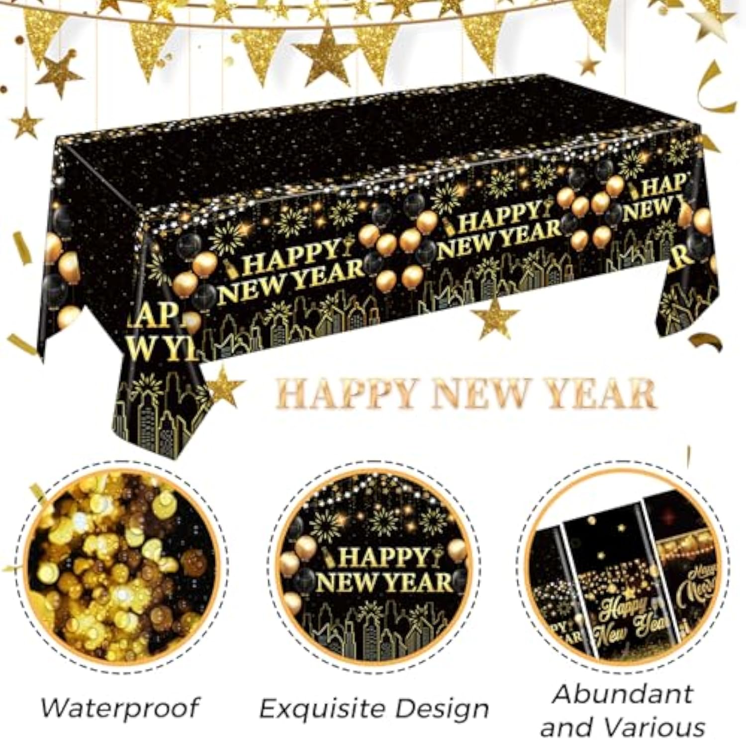 12pcs Black Gold Happy New Year Tablecloth 54x108in 2026 Party Decor