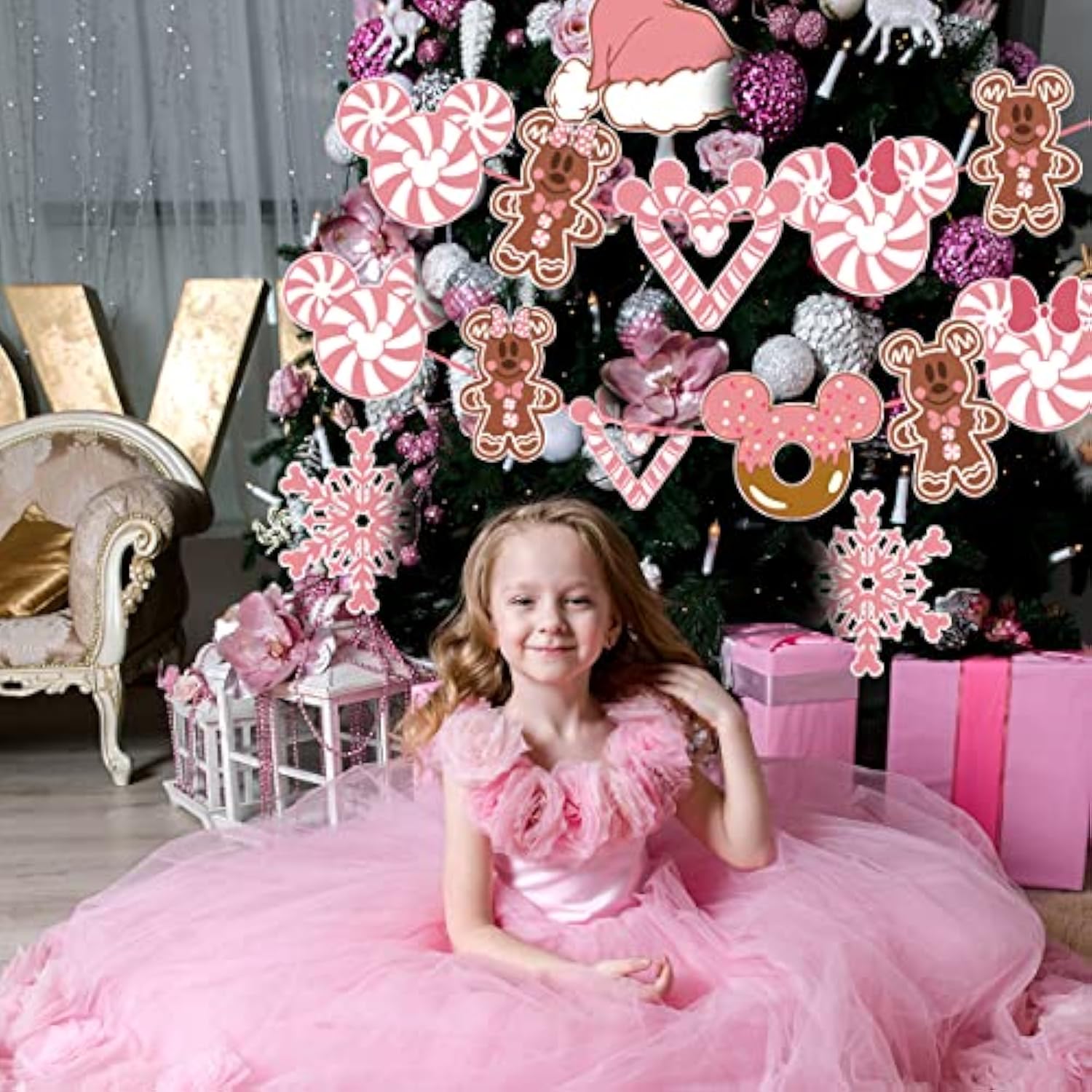 Mouse Christmas Tree Decoration-Pink Christmas Candy Garland Banner, Mouse Gingerbread Cutouts Banner For Fireplace Baby Shower Holiday New Year Supplies