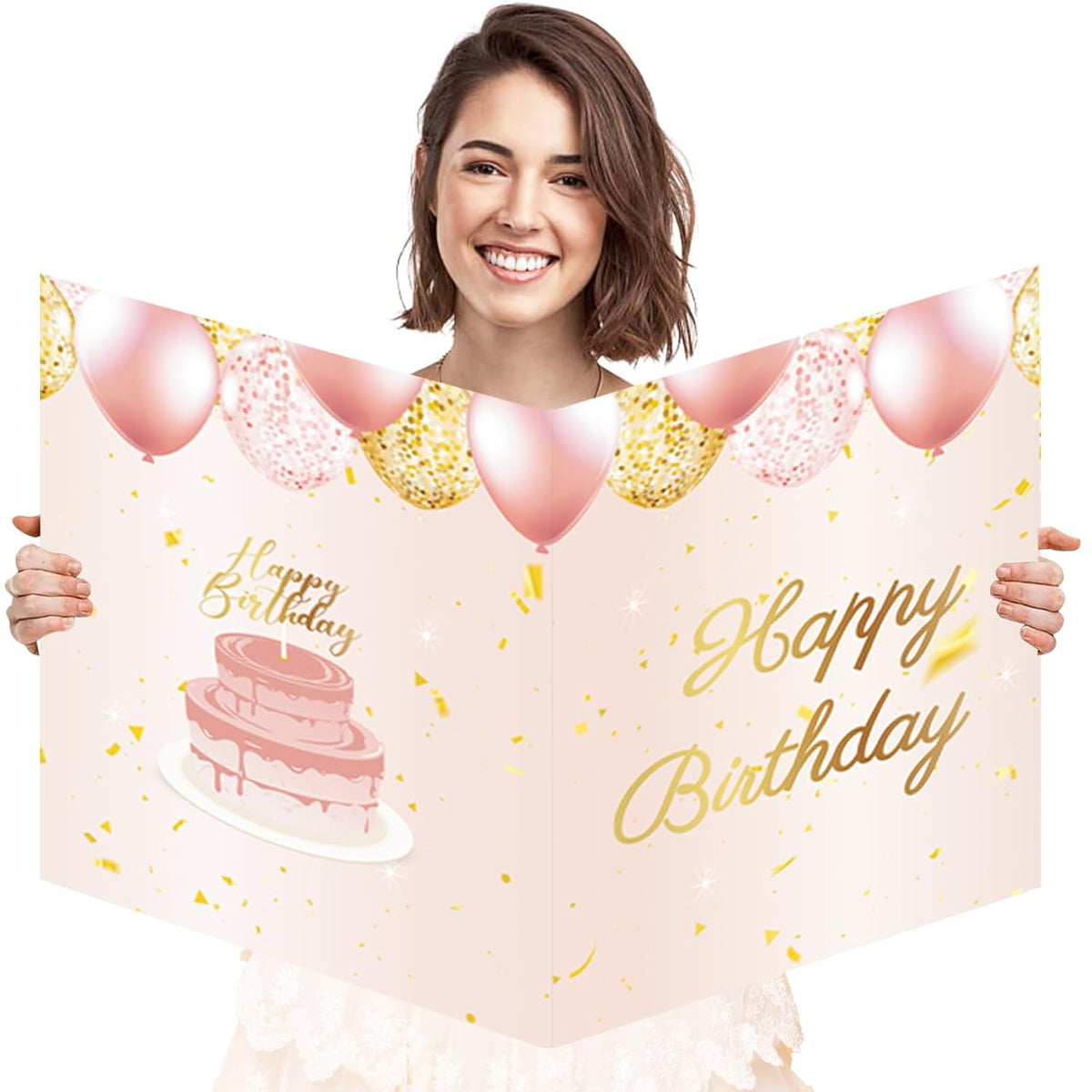 Jumbo Birthday Card With Envelope, 22 X 14 Inch Pink Gaint Greeting Card For Women, Extra Large Happy Birthday Guest Book, Oversize Birthday Party Signs Decorations Supplies For Girls Mother Daughter