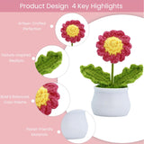 Cute Knitting Crochet Daisies Flowers Potted Plant For Desk Decor, Mini Artificial Handmade Red Daisies With Emotional Support Positive Card, Gift For Women, Birthday, Christmas, Party