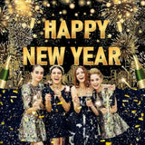 Large Happy New Year Backdrop Banner Black Gold 2026 Party Decorations