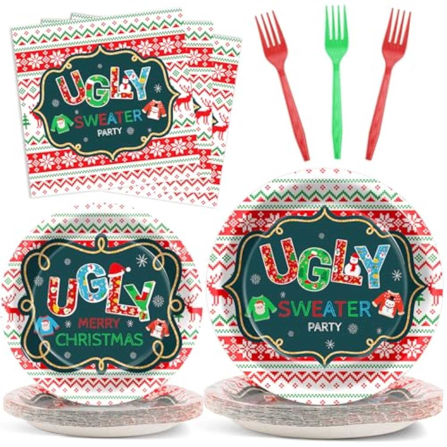 Merry Christmas Ugly Sweater Party Supplies Tableware Set For 24 Guests Xmas Tacky Sweater Birthday Party Paper Plates Napkins Decorations For Kids Boys Girls Baby Shower