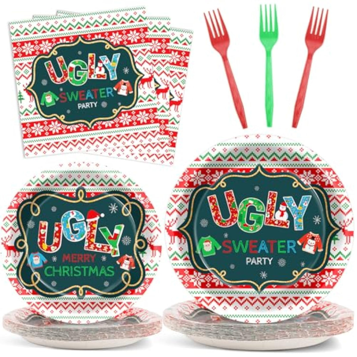 Merry Christmas Ugly Sweater Party Supplies Tableware Set For 24 Guests Xmas Tacky Sweater Birthday Party Paper Plates Napkins Decorations For Kids Boys Girls Baby Shower
