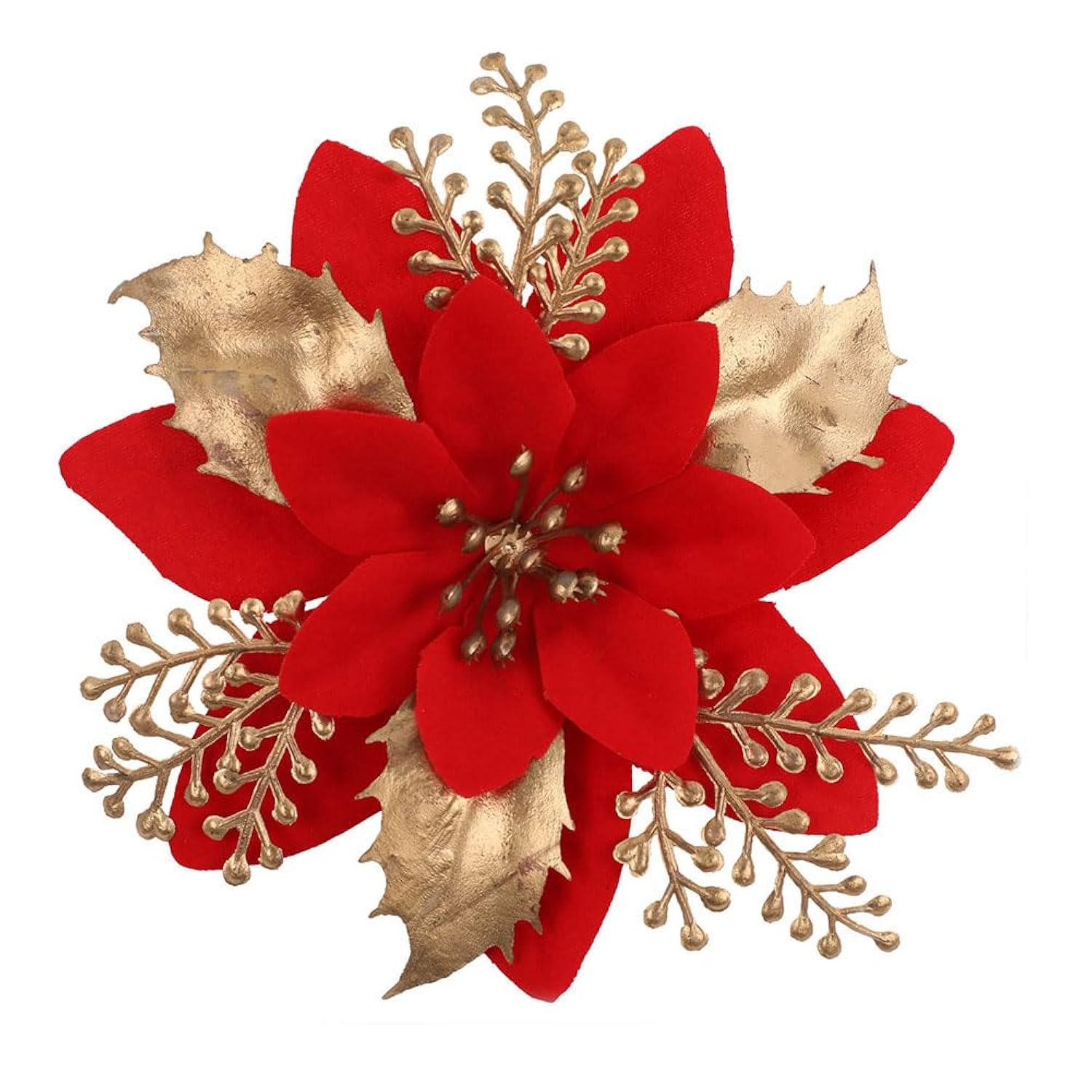 20Pcs Poinsettia Artificial Christmas Flower Decoration 5.9" Christmas Tree Decorations With Clips For Xmas Wreatrh Diy Crafts, (Gold Red)