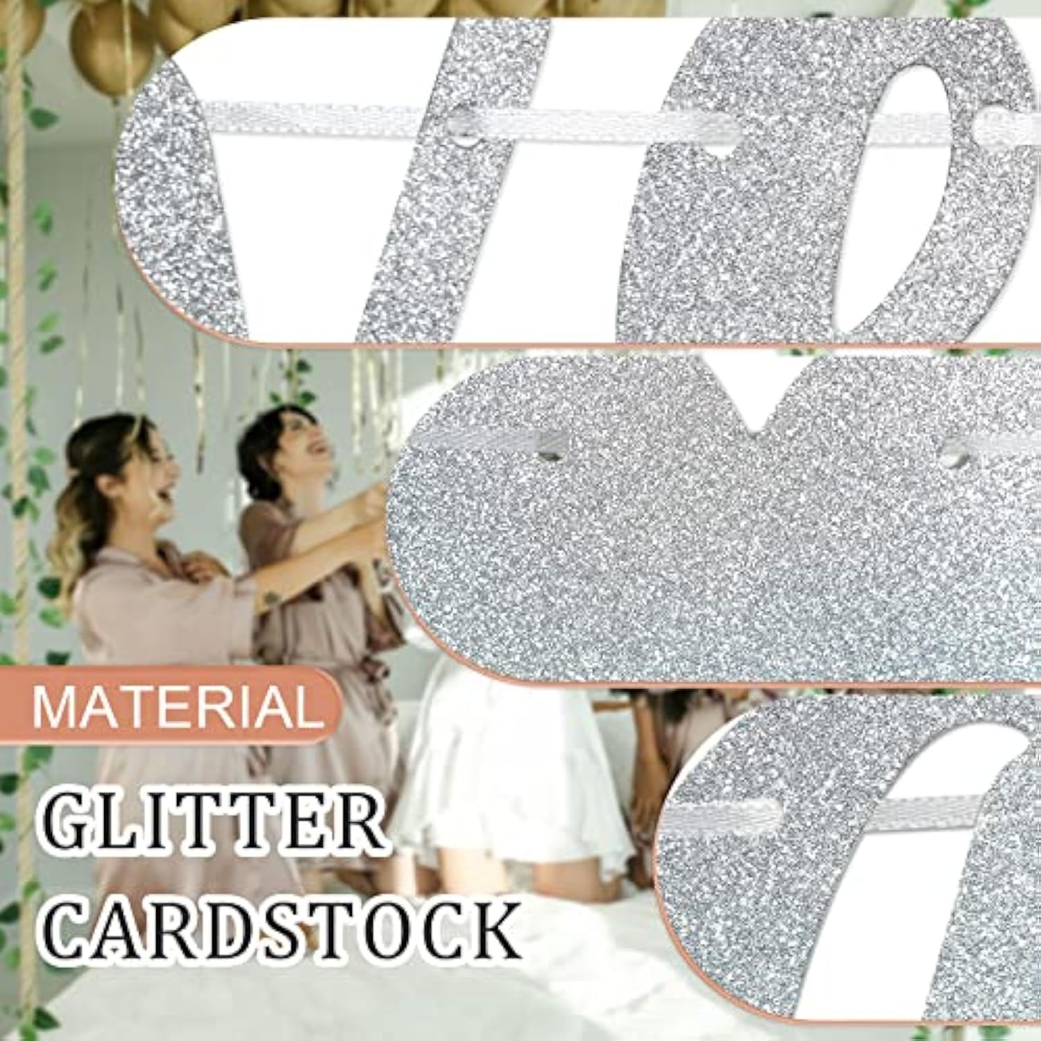 Happily Ever After Silver Glitter Bunting Banner, Engagement, Bridal Shower, Wedding Party Photo Booth Props Signs,Pre-Strung Cursive Bunting