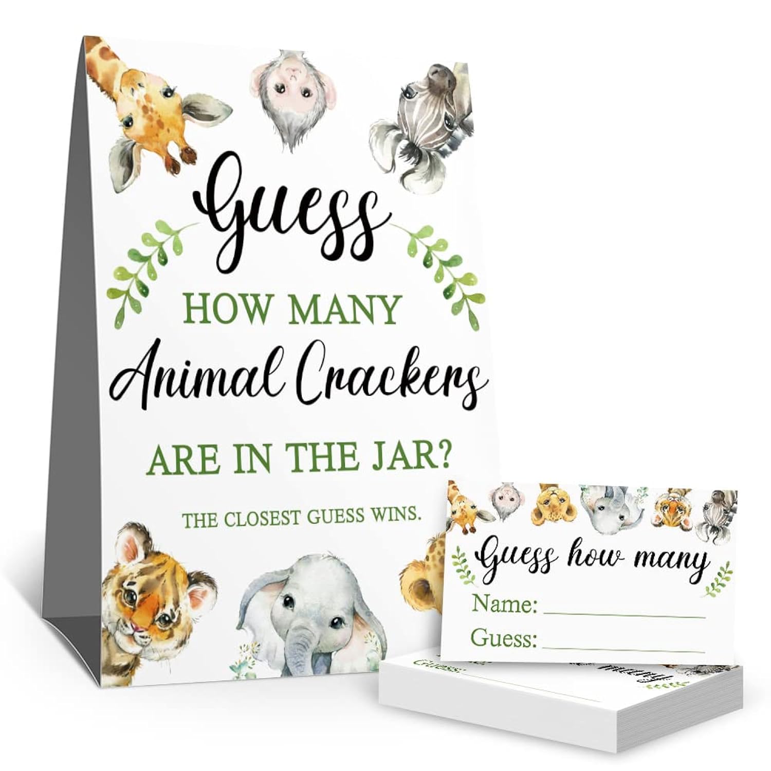 Guessing Animal Crackers Baby Shower Party Game Cards, Woodland Forest Animals Baby Shower Party Raffle Insert Ticket, Baby Showers Decorations Game Cards Kit (1 Standing Sign + 50 Guessing Cards)
