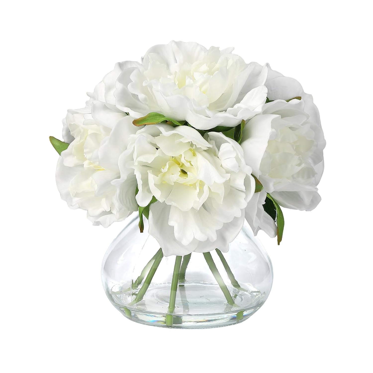 White Peonies Artificial Flowers With Glass Vase, Silk Faux Peony Flower Arrangement With Faux Water, Fake Flowers In Vase For Table Centerpieces, Shelf Bathroom Decor, Home & Wedding Decoration