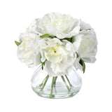 White Peonies Artificial Flowers With Glass Vase, Silk Faux Peony Flower Arrangement With Faux Water, Fake Flowers In Vase For Table Centerpieces, Shelf Bathroom Decor, Home & Wedding Decoration