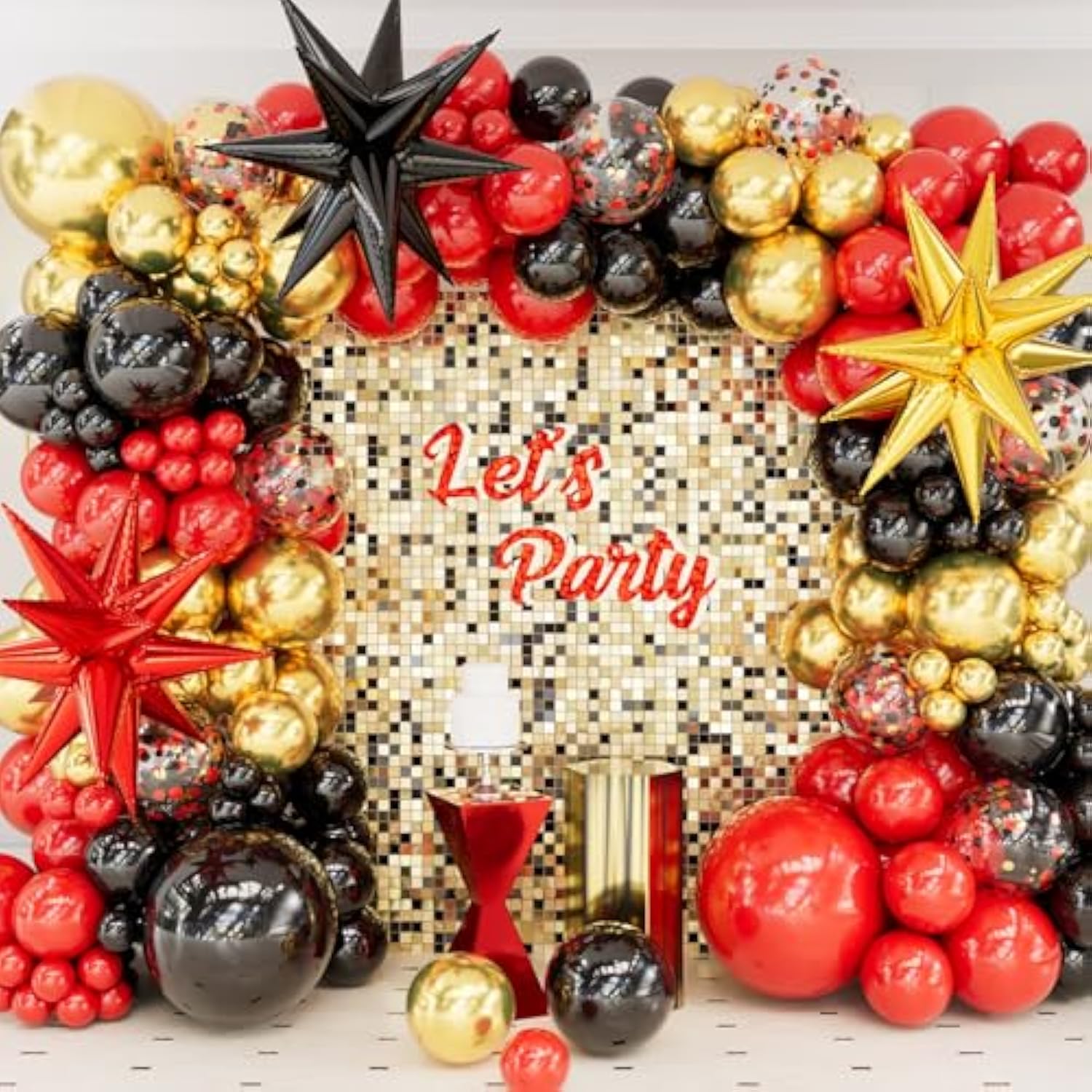 Red Black & Gold Balloon Arch Kit with Star Balloons for NYE & Parties